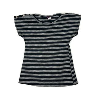 Agenda Womens Tee Black Gray Striped Buttons Small
